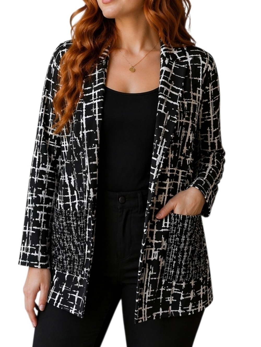 Nic+Zoe Geometric Black & White Open-Front Knit Boyfriend Blazer Women Size XXL